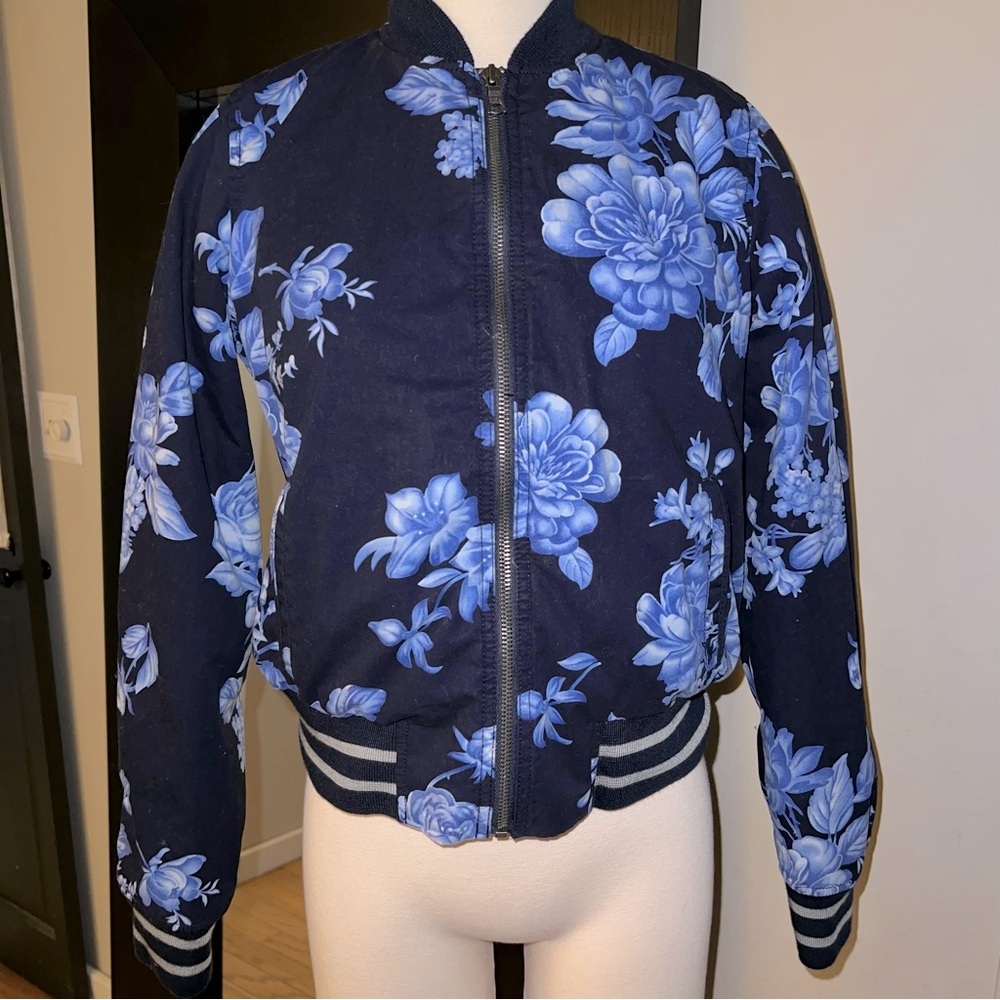 GAP Blue and Gray Bomber Jacket with Ribbed Details